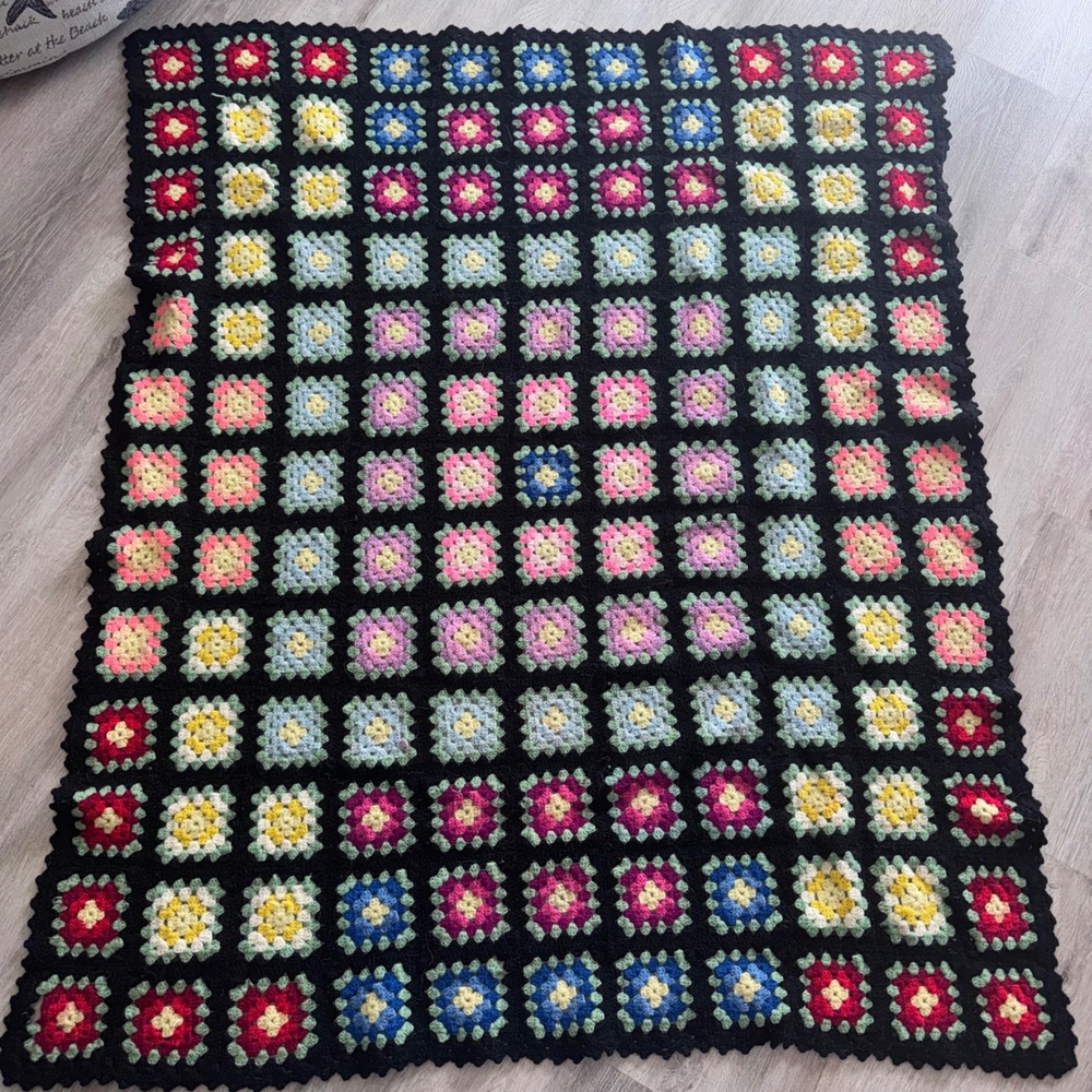 Vintage Handmade Granny Square Crochet Blanket Unisex Multicolor Black Afghan